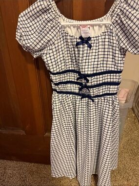 Girls White and Navy Check Puff-Sleeve Casual Dress